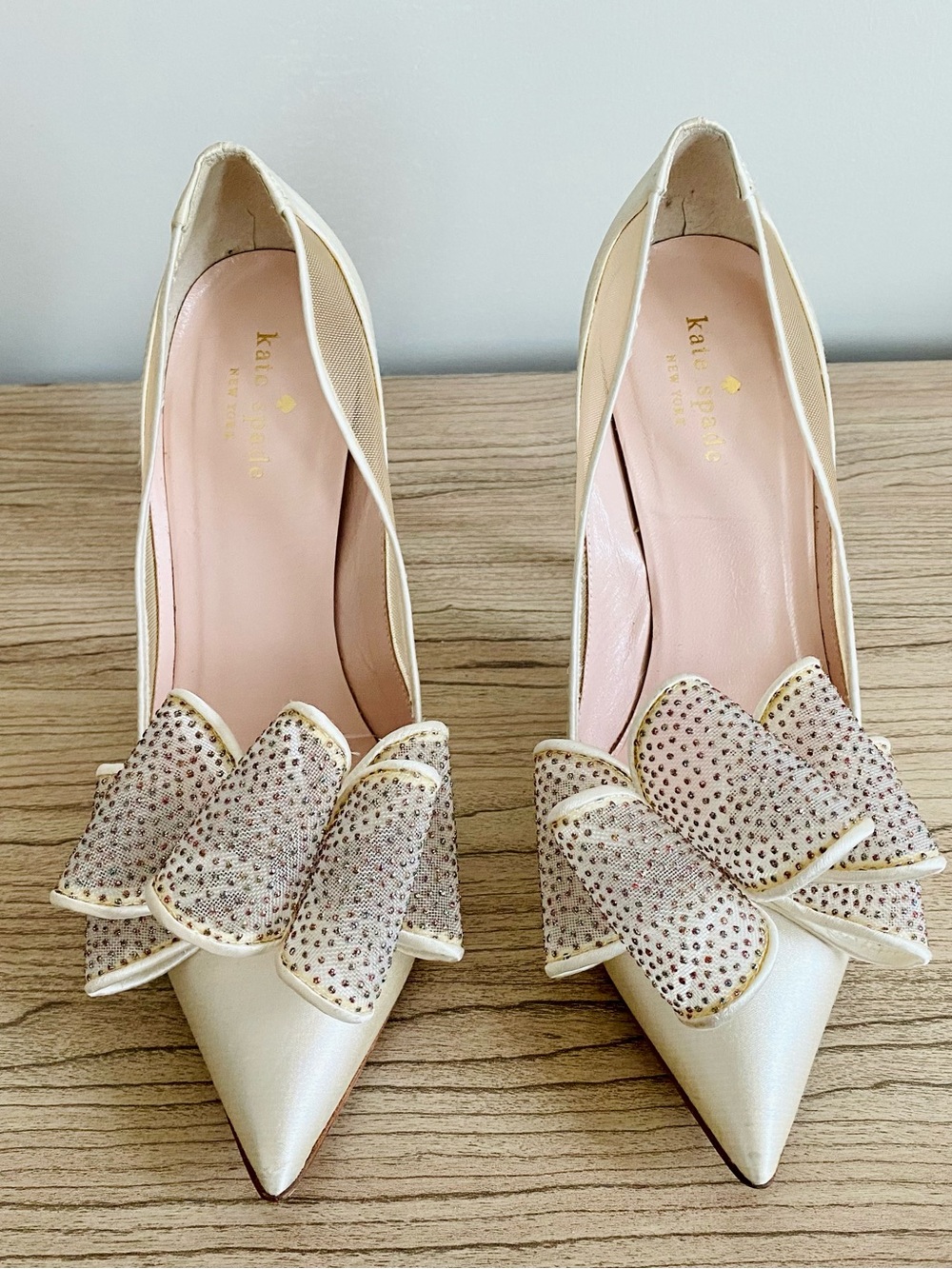 kate Spade Cream Satin Pointed-Toe Bow Pumps - Picture 4 of 6